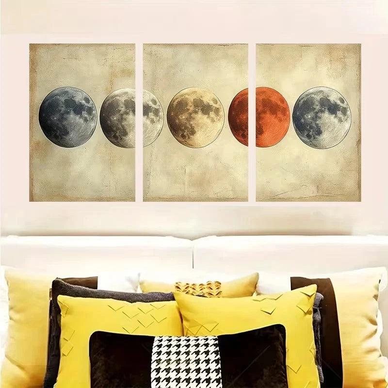 3pcs Beige Moon Phases Wall Art Set Canvas Framed 50x70cm - High Quality Print 100% Australian Made Wall Canvas Ready to Hang - Bella Home Decor