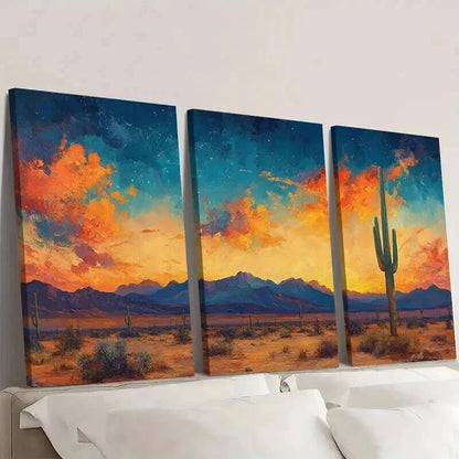 3pcs Painting of Saguaro Cactus Colorful Desert Wall Art Set Canvas Framed 50x70cm - High Quality Print 100% Australian Made Wall Canvas Ready to Hang - Bella Home Decor