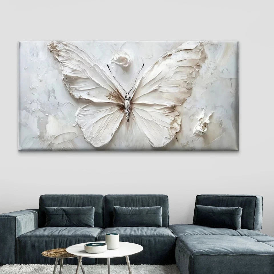 White Textured Butterfly Wall Art Canvas Office Home Room Framed 120x60cm