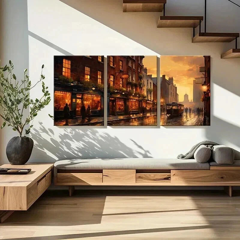 3pcs Retro Landscape Art Street Dusk Wall Art Set Canvas Framed 40x60cm - High Quality Print 100% Australian Made Wall Canvas Ready to Hang