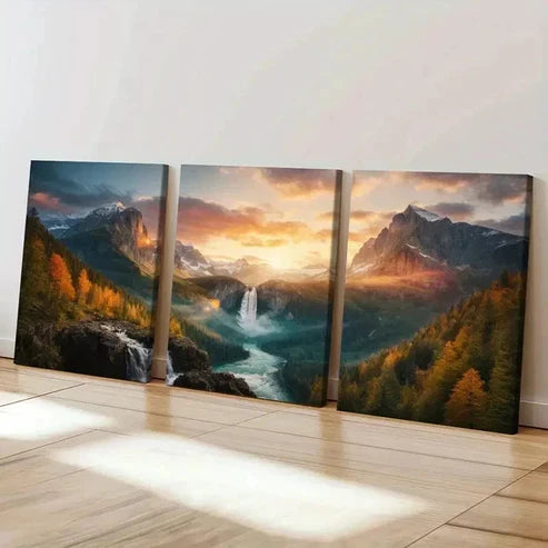 3pcs Valley Canyon Waterfall River Decor Wall Art Canvas Unframed - High Quality Print 100% Australian Made Wall Canvas