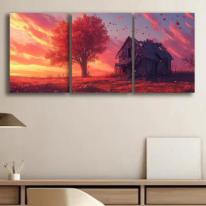 3pcs Rustic Dilapidated House Alone Sky Red Wall Art Set Canvas Unframed - High Quality Print 100% Australian Made Wall Canvas
