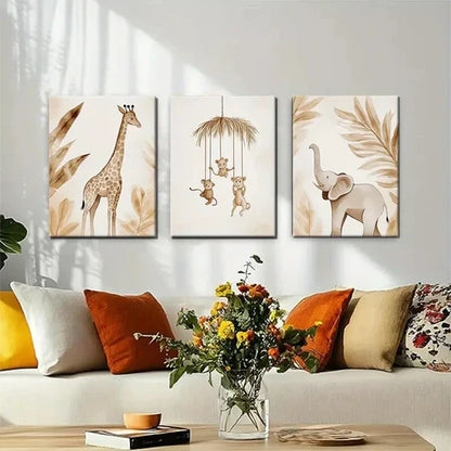 3pcs Safari Jungle Theme Animal Friends Perfect Wall Art Canvas Unframed - High Quality Print 100% Australian Made Wall Canvas