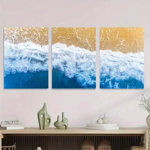 3pcs Coastal Ocean Wave Vibrant Blue & Golden Wall Art Set Canvas Unframed - High Quality Print 100% Australian Made Wall Canvas - Bella Home Decor