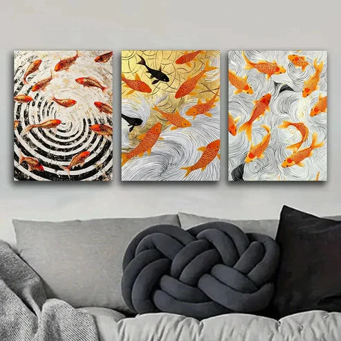 3pcs Goldfish Vortex Design Orange Perfect Wall Art Set Canvas Unframed - High Quality Print 100% Australian Made Wall Canvas - Bella Home Decor
