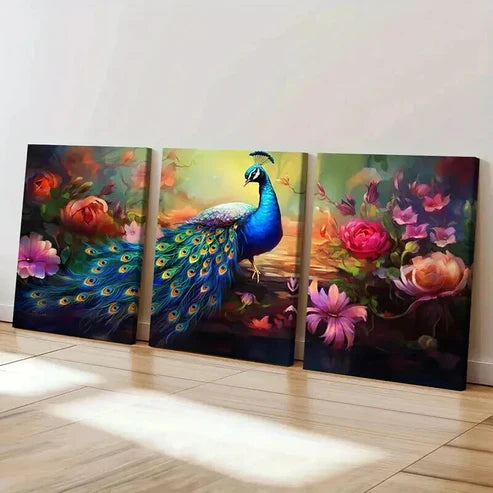3pcs Peacock & Flower Abstract Aesthetic Wall Art Canvas Unframed - High Quality Print 100% Australian Made Wall Canvas