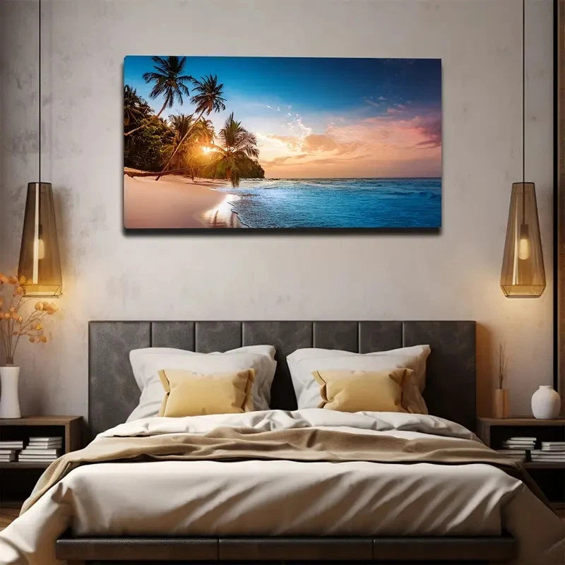 Tropical Beach Sunset Wall Art Canvas Office Home Room Framed 120x60cm