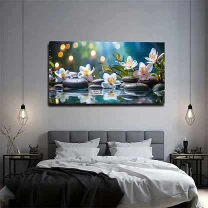 White Flowers On Black Stone Ab Wall Art Canvas Office Home Room Framed 120x60cm