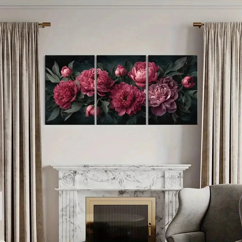 3pcs Rich Colors Peony Blossoms Floral Art   Wall Art Set Canvas Framed 40x60cm - High Quality Print 100% Australian Made Wall Canvas Ready to Hang