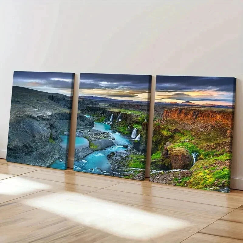 3pcs Canyon Waterfall and River Plain Wall Art Set Canvas Framed 60x90cm - High Quality Print 100% Australian Made Wall Canvas Ready to Hang - Bella Home Decor
