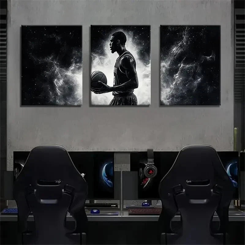 3pcs Basketball Player Silhouette Space Perfect Wall Art Set Canvas Framed 50x70cm - High Quality Print 100% Australian Made Wall Canvas Ready to Hang - Bella Home Decor