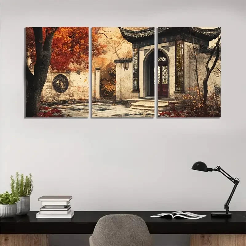 3pcs Courtyard Amidst an Autumn Forest  CAAF  Wall Art Canvas  Framed 60x90cm - High Quality Print 100% Australian Made Wall Canvas Ready to Hang - Bella Home Decor