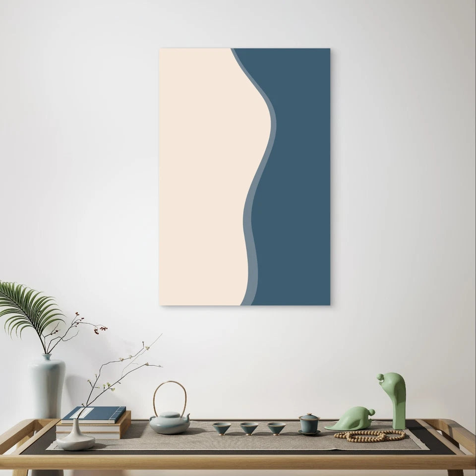 Minimalist Blue and Beige Curved Colour 40x60cm Metal Print Ready to Hang