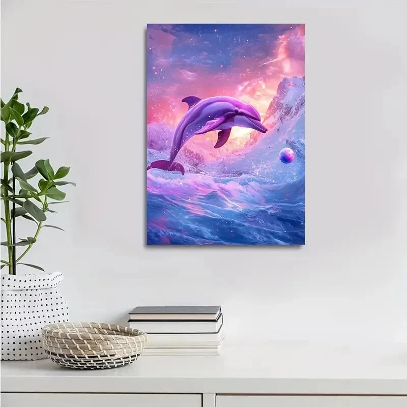 Vibrant Dolphin Play Scene with Snowy Painting 40x60cm Metal Print Ready to Hang - Bella Home Decor