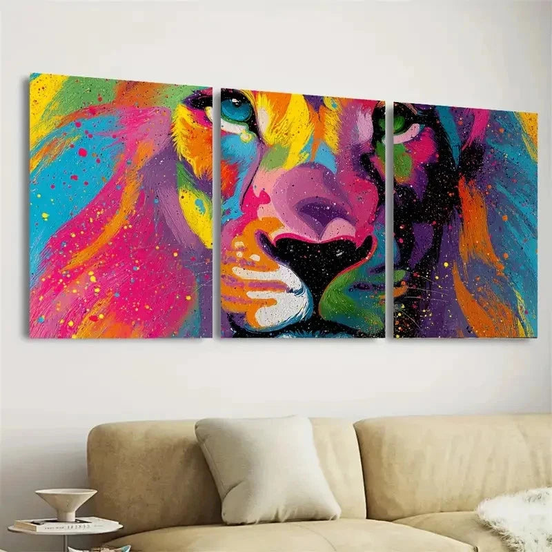 3pcs Lion Colorful Modern Splatter Drip Wall Art Set Canvas Framed 50x70cm - High Quality Print 100% Australian Made Wall Canvas Ready to Hang