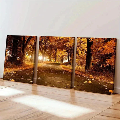 3pcs Path Strewn with Fallen Leaves Wall Art Set Canvas Framed 50x70cm - High Quality Print 100% Australian Made Wall Canvas Ready to Hang - Bella Home Decor