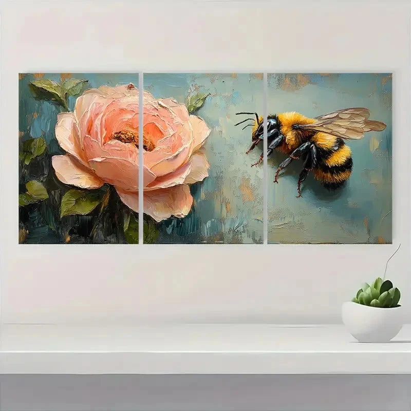 3pcs Vibrant Bee & Pink Rose VB     Wall Art Set Canvas Framed 60x90cm - High Quality Print 100% Australian Made Wall Canvas Ready to Hang