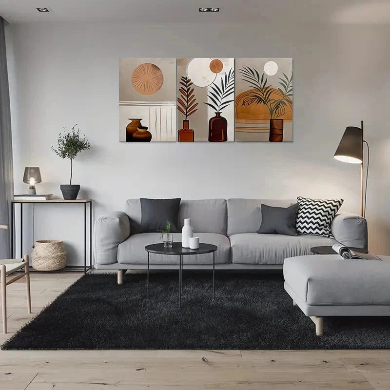 3pcs Abstract Plant Vase Sunset Theme Metal Print Ready to Hang Art - Bella Home Decor