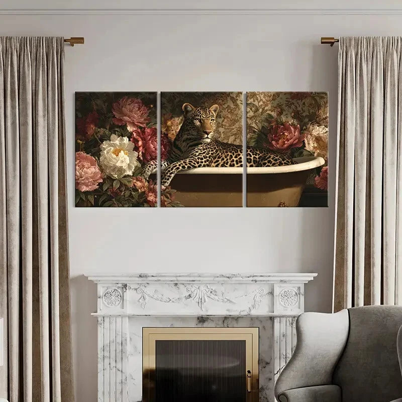 3pcs Leopard in Bathtub with Floral Surroundings Metal Print Ready to Hang Art - Bella Home Decor