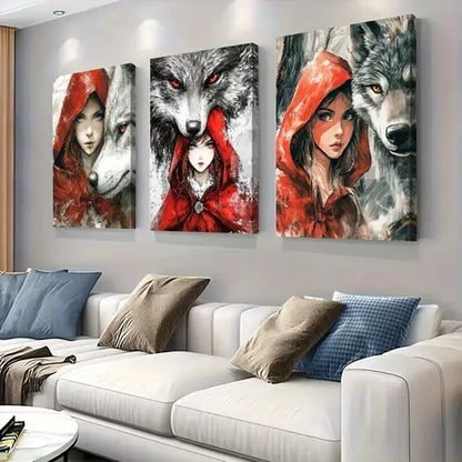 3 PCS Little Red Riding Hood And Wolves Triptych Wall Art Set Canvas Unframed - High Quality Print 100% Australian Made Wall Canvas - Bella Home Decor