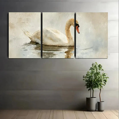 3pcs Elegant Swan Beige & Brown Tones Metal Print Ready to Hang Art - Bella Home Decor
