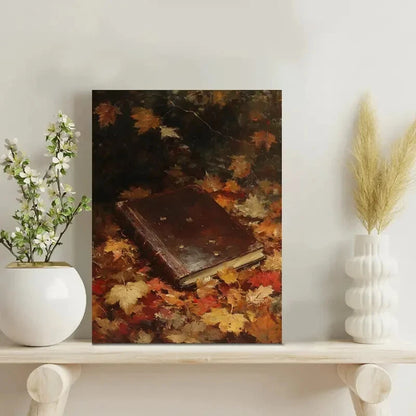 Autumn Reverie Dark Academia Leaves and Book 40x60cm Metal Print Ready to Hang - Bella Home Decor