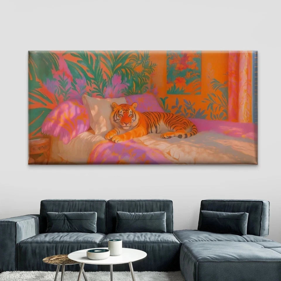 Tiger on Colorful Tropical Bed Wall Art Canvas Office Home Room Framed 120x60cm