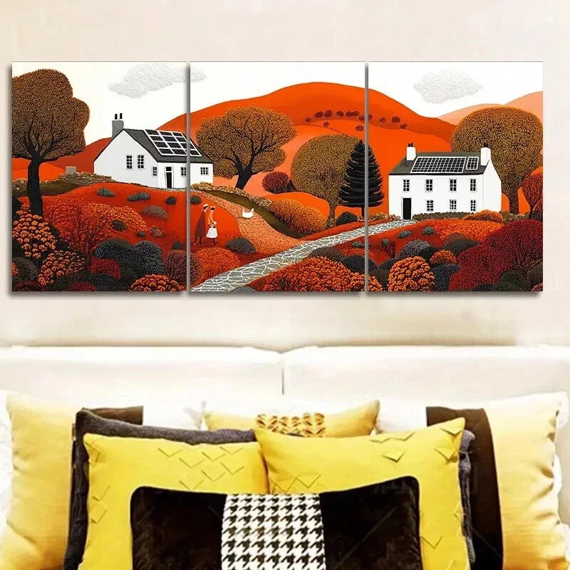 3pcs Colorful Autumn Sun House Perfect Wall Art Set Canvas Framed 50x70cm - High Quality Print 100% Australian Made Wall Canvas Ready to Hang