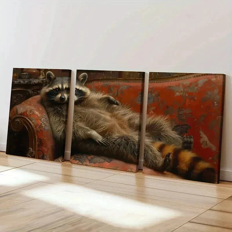 3pcs Raccoon Lying In Ornate Armchair Wall Art Set Canvas Framed 60x90cm - High Quality Print 100% Australian Made Wall Canvas Ready to Hang - Bella Home Decor