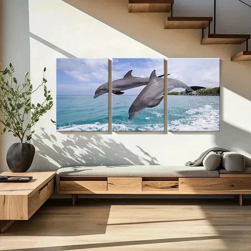 3pcs Dolphins Jumping Out Of The Sea Wall Art Canvas Unframed - High Quality Print 100% Australian Made Wall Canvas - Bella Home Decor
