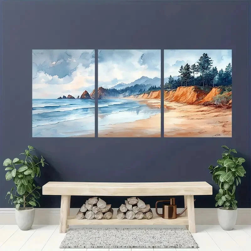 3pcs  Coastal Cliffs & Ocean Shore Landscape Paint Metal Print Ready to Hang Art - Bella Home Decor