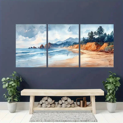 3pcs  Coastal Cliffs & Ocean Shore Landscape Paint Metal Print Ready to Hang Art - Bella Home Decor
