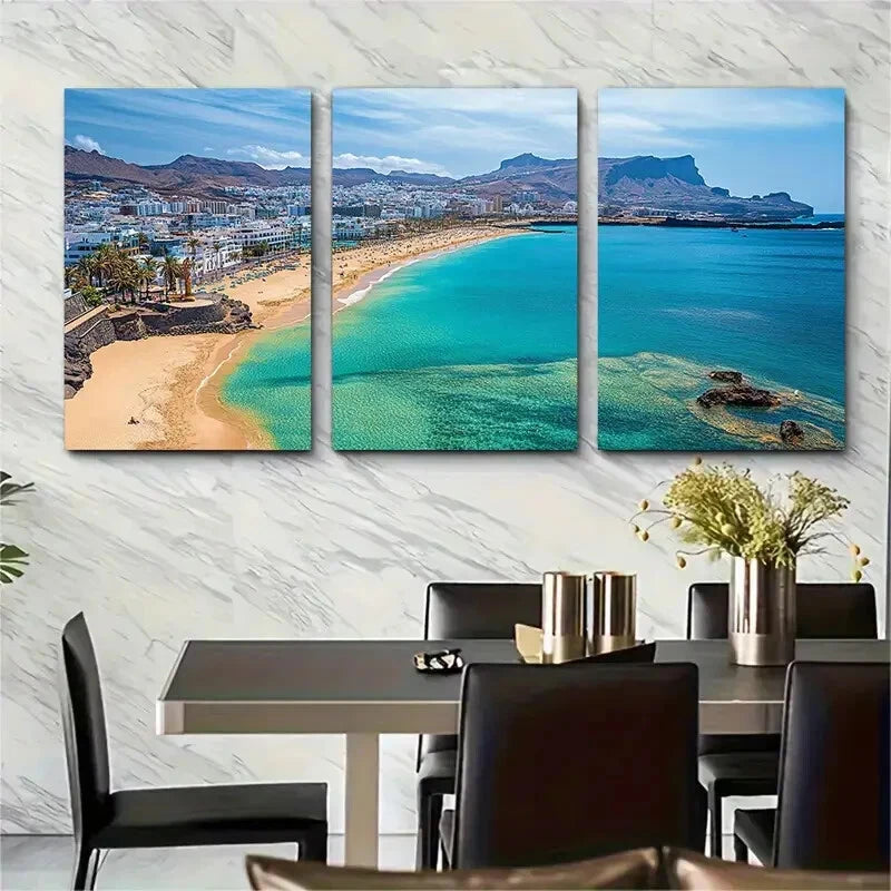 3pcs Vibrant Ocean View with Sandy Beach Turquoise Metal Print Ready to Hang Art - Bella Home Decor