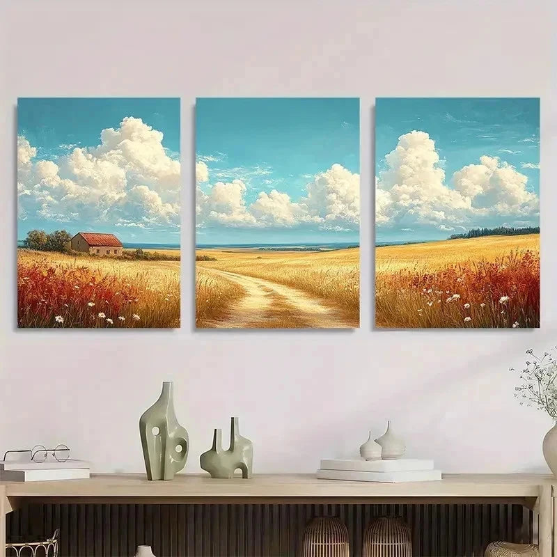 3pcs Cloudy Sky Landscape Vintage Perfect Wall Art Set Canvas Framed 50x70cm - High Quality Print 100% Australian Made Wall Canvas Ready to Hang - Bella Home Decor