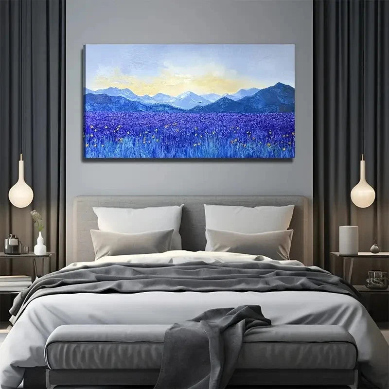 Purple Field Floral Painting Wall Art Canvas Office Home Room Framed 120x60cm