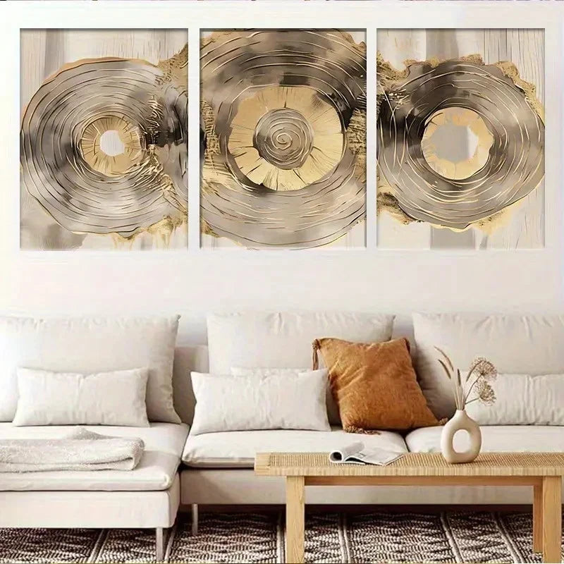 3pcs Abstract Design of Golden And Silver Circles Metal Print Ready to Hang Art - Bella Home Decor