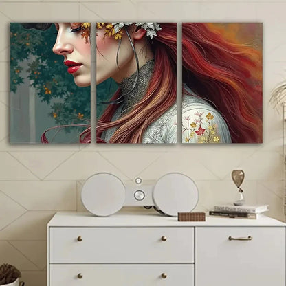 3pcs Red Woman Portrait With Floral Accents Wall Art Set Canvas Framed 40x60cm - High Quality Print 100% Australian Made Wall Canvas Ready to Hang