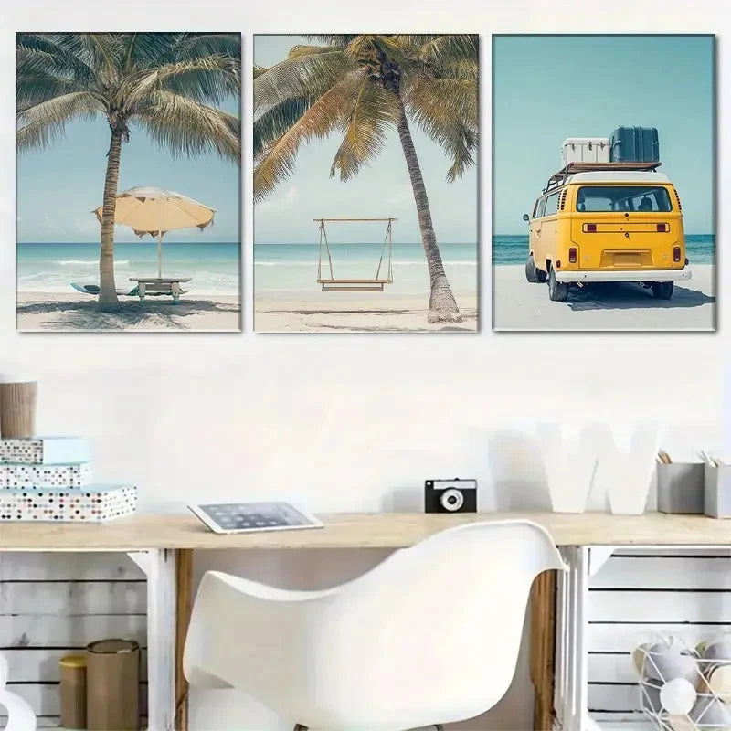 3pcs Beach with Palm Trees & Kombi Van Scene Wall Art Set Canvas Framed 40x60cm - High Quality Print 100% Australian Made Wall Canvas Ready to Hang - Bella Home Decor