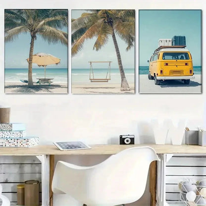 3pcs Beach with Palm Trees & Kombi Van Scene Wall Art Set Canvas Framed 40x60cm - High Quality Print 100% Australian Made Wall Canvas Ready to Hang - Bella Home Decor