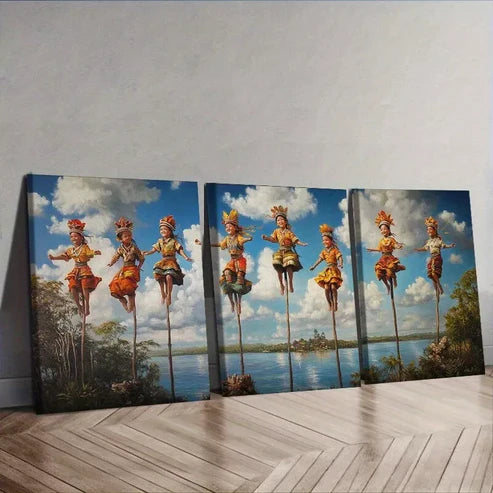 3 PCS Women Walk On Stilts Traditional Nature Wall Art Set Canvas Unframed - High Quality Print 100% Australian Made Wall Canvas