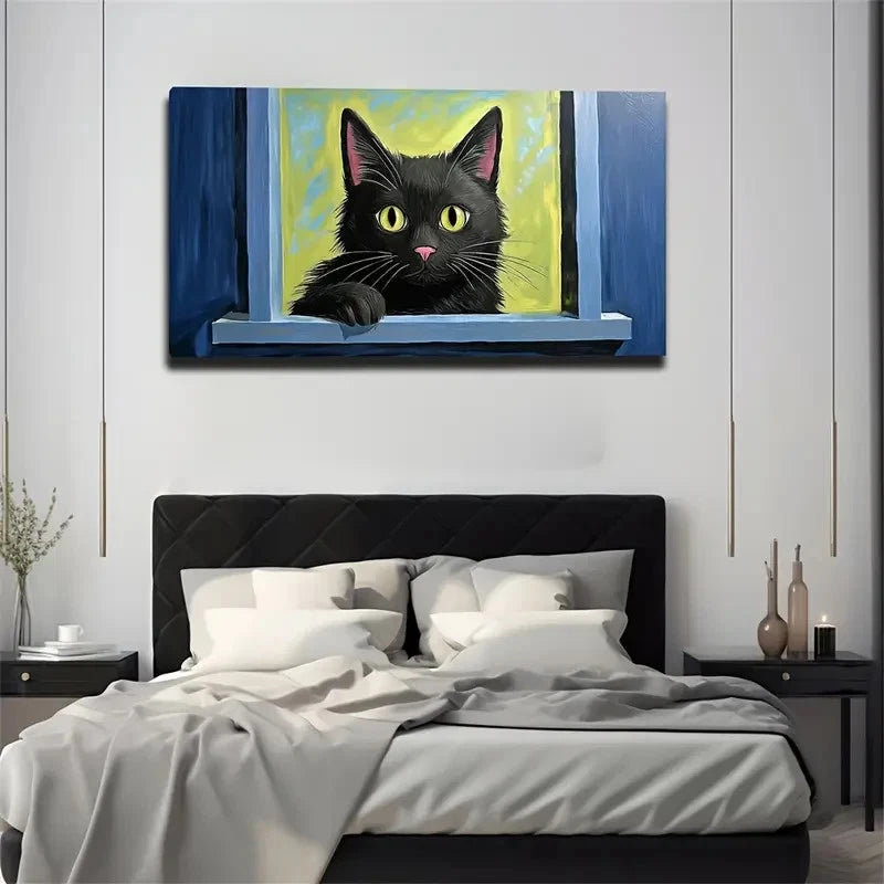 Black Cat On Balcony Yellow Wall Art Canvas Office Home Room Framed 120x60cm
