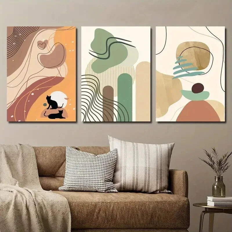 3pcs Animal Cat Illustration Stylish Perfect Wall Art Set Canvas Framed 50x70cm - High Quality Print 100% Australian Made Wall Canvas Ready to Hang - Bella Home Decor