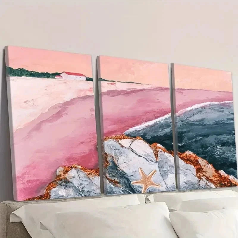 3pcs Abstract Beach With Pink Sand Scene Wall Art Set Canvas Framed 50x70cm - High Quality Print 100% Australian Made Wall Canvas Ready to Hang - Bella Home Decor
