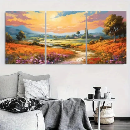3pcs Golden Wildflower Path Sunset Meadow Wall Art Set Canvas Framed 60x90cm - High Quality Print 100% Australian Made Wall Canvas Ready to Hang