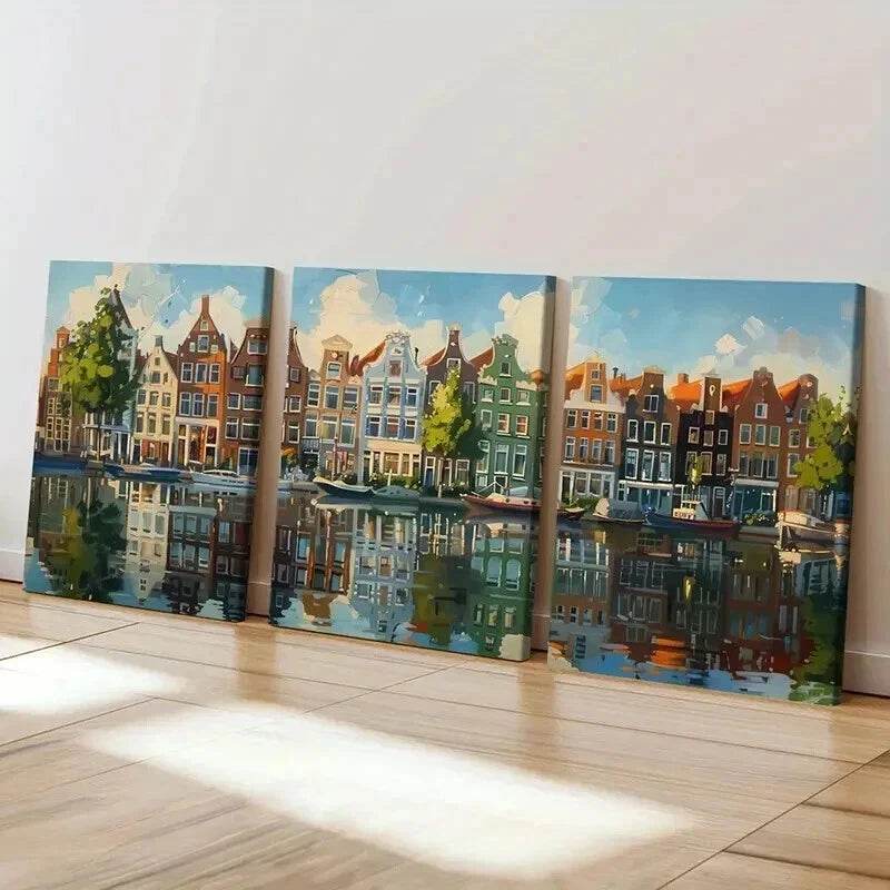 3pcs Amsterdam Canal Scene Reflections Wall Art Set Canvas Framed 40x60cm - High Quality Print 100% Australian Made Wall Canvas Ready to Hang - Bella Home Decor