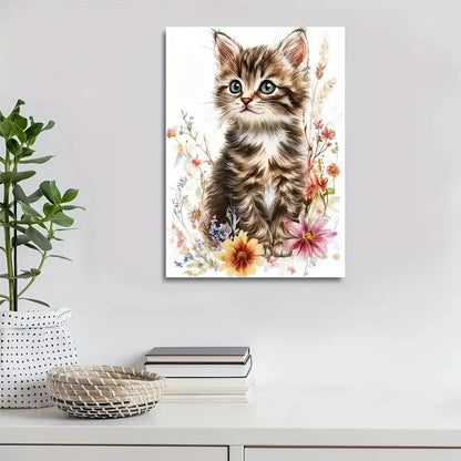 Cute Tabby Kitten with Flowers and Plants Painting 40x60cm Metal Print Ready to Hang - Bella Home Decor