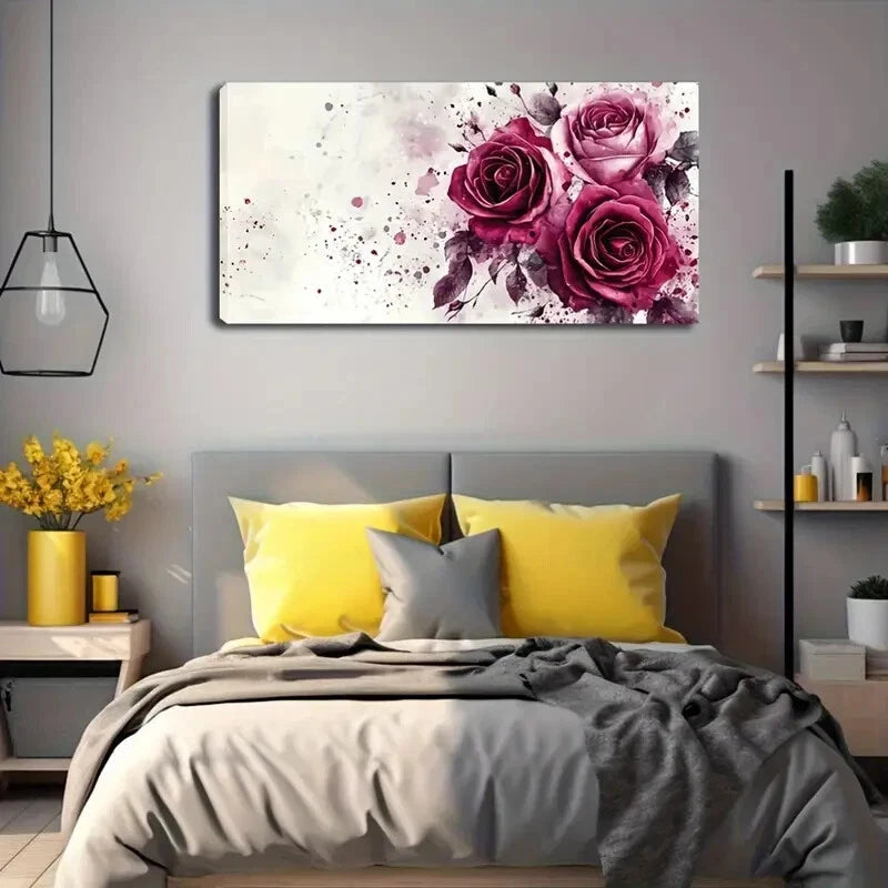Modern Pink Roses Splash Wall Art Canvas Office Home Room Framed 120x60cm - Bella Home Decor