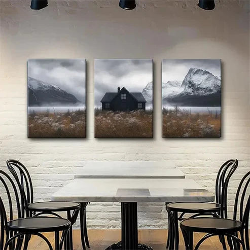 3pcs Black Cottage with Snowy Mountains Perfect Wall Art Canvas Unframed - High Quality Print 100% Australian Made Wall Canvas - Bella Home Decor