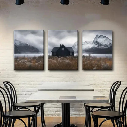3pcs Black Cottage with Snowy Mountains Perfect Wall Art Canvas Unframed - High Quality Print 100% Australian Made Wall Canvas - Bella Home Decor