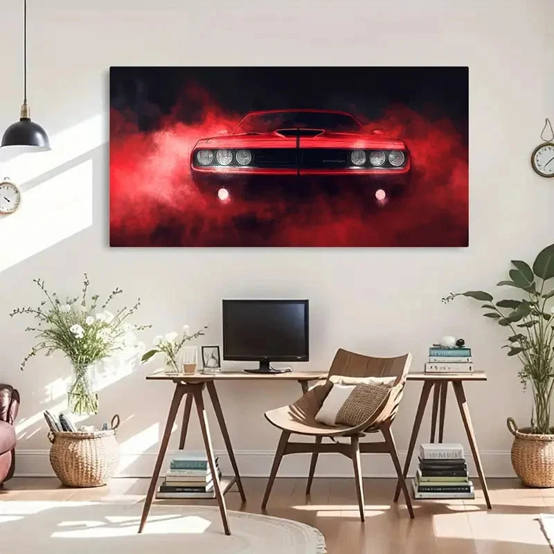 Red Sports Car Fiery Landscape Wall Art Canvas Office Home Room Framed 120x60cm - Bella Home Decor